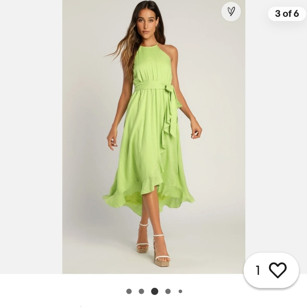 Elegant LULUS Lime Green Faux-Wrap Halter Ruffle Midi Vacation Sumer Sprin Dress
